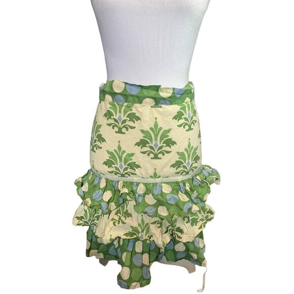 Ruffle Trim Half Apron yellow and green print - Picture 1 of 5